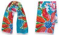 LARGE TEAL FUCHSIA BRIGHT FLORAL COTTON MIX SCARF
