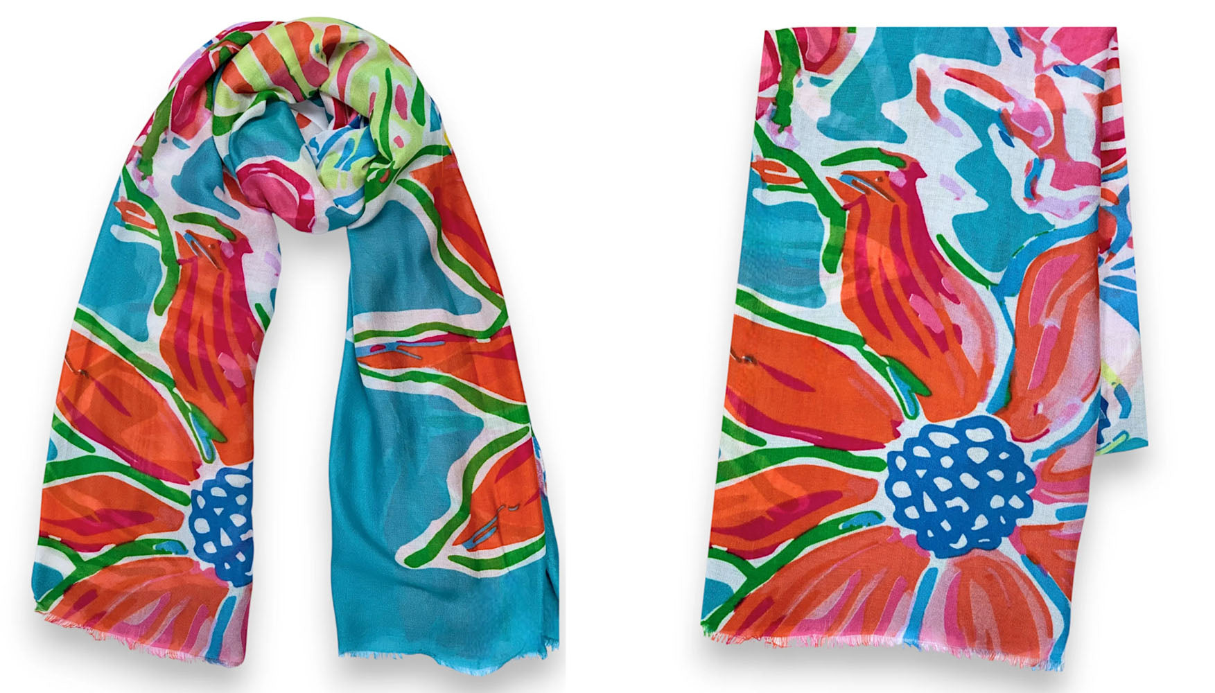 LARGE TEAL FUCHSIA BRIGHT FLORAL COTTON MIX SCARF
