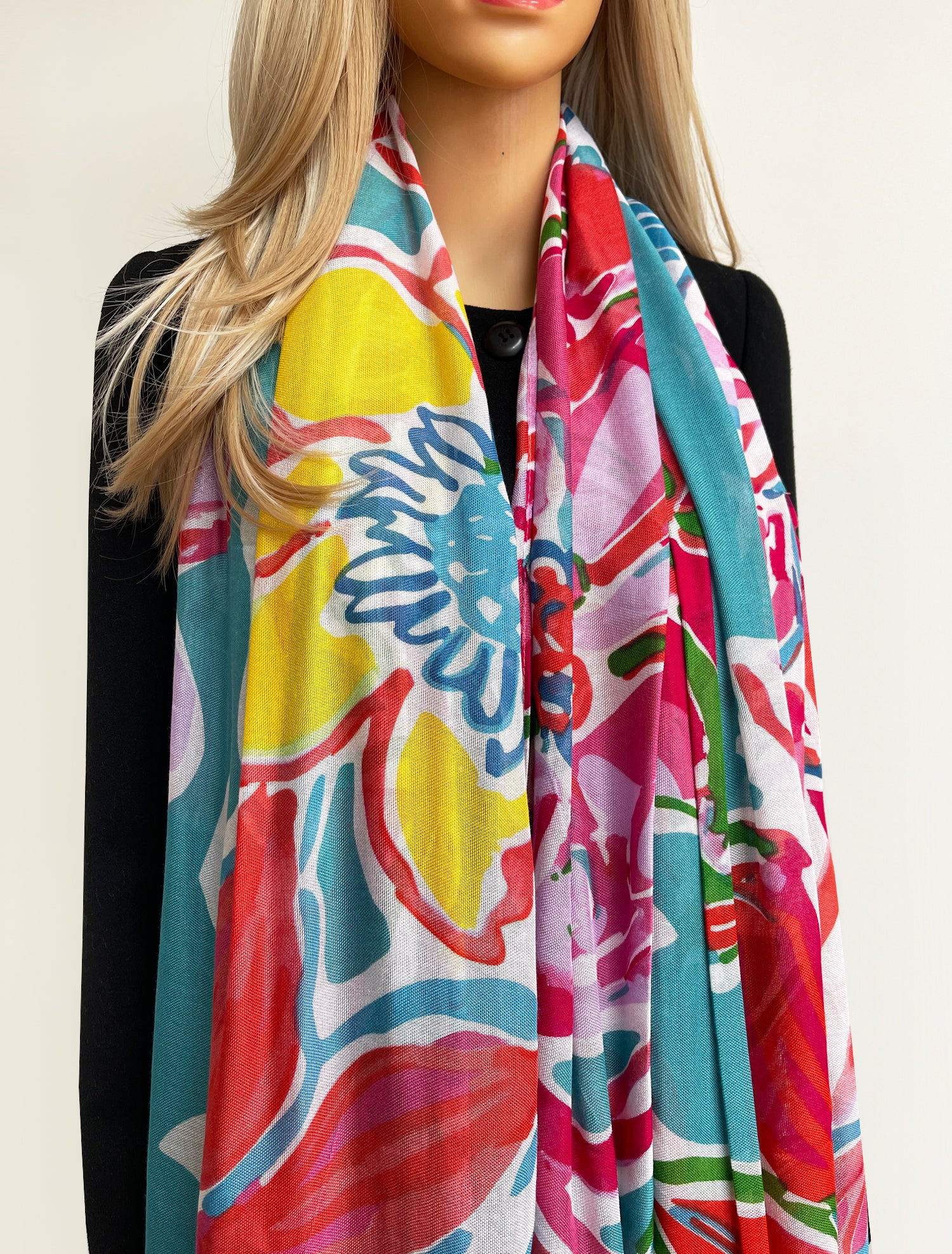 LARGE TEAL FUCHSIA BRIGHT FLORAL COTTON MIX SCARF