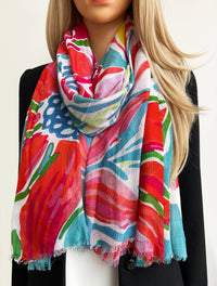 LARGE TEAL FUCHSIA BRIGHT FLORAL COTTON MIX SCARF
