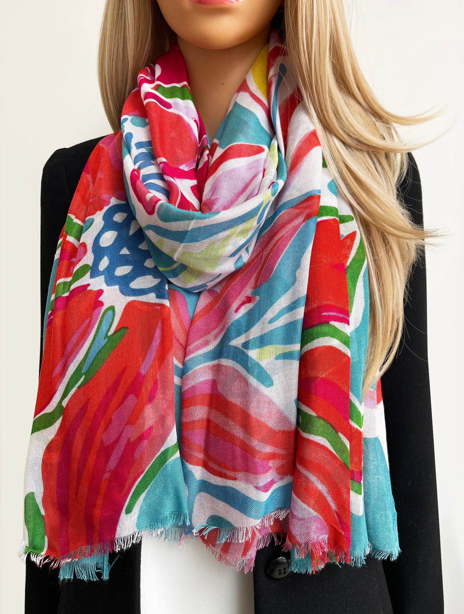 LARGE TEAL FUCHSIA BRIGHT FLORAL COTTON MIX SCARF