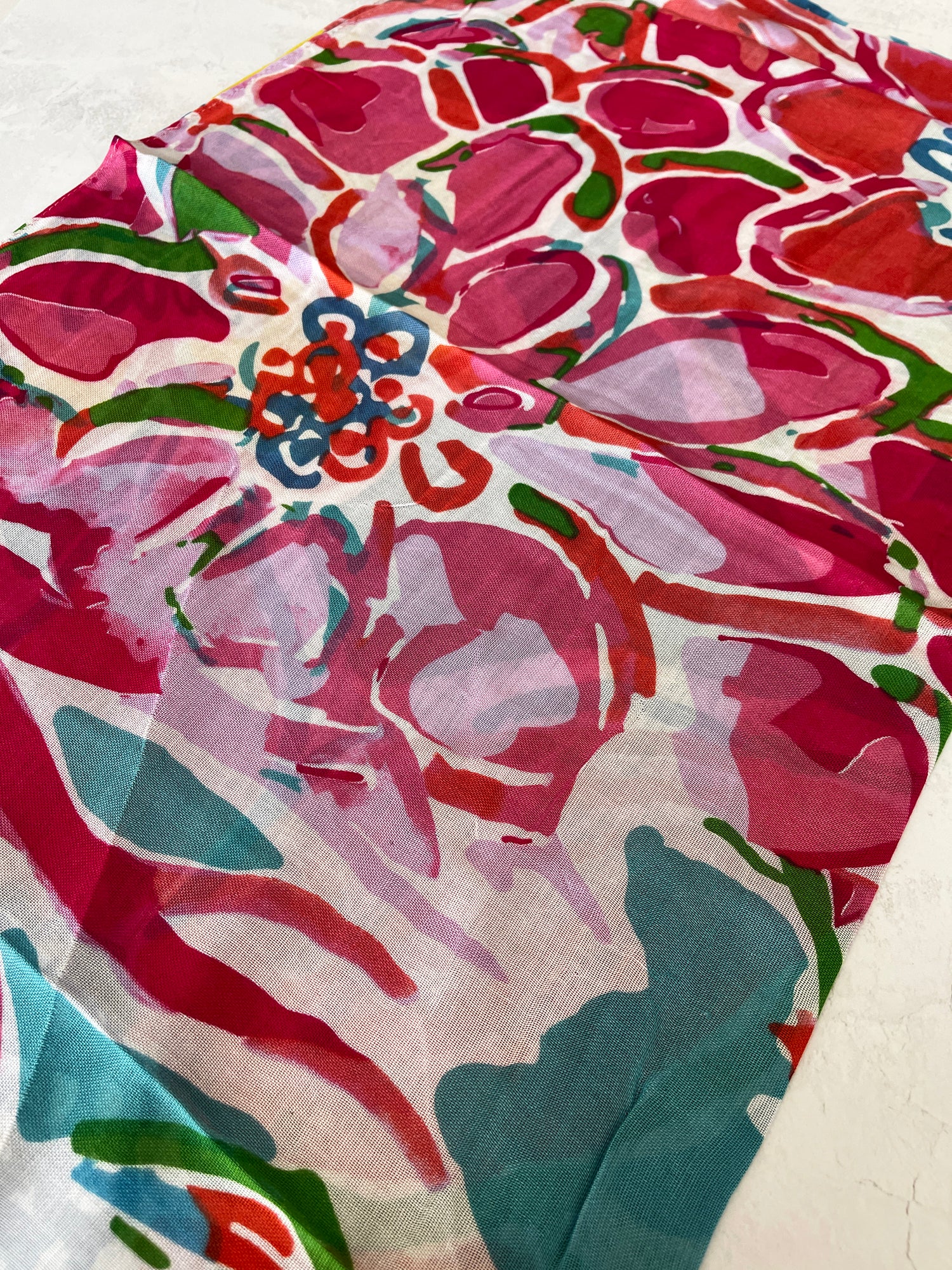 LARGE TEAL FUCHSIA BRIGHT FLORAL COTTON MIX SCARF