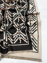LARGE BLACK RETRO PRINT REVERSIBLE WOOL WINTER SHAWL BLANKET SCARF
