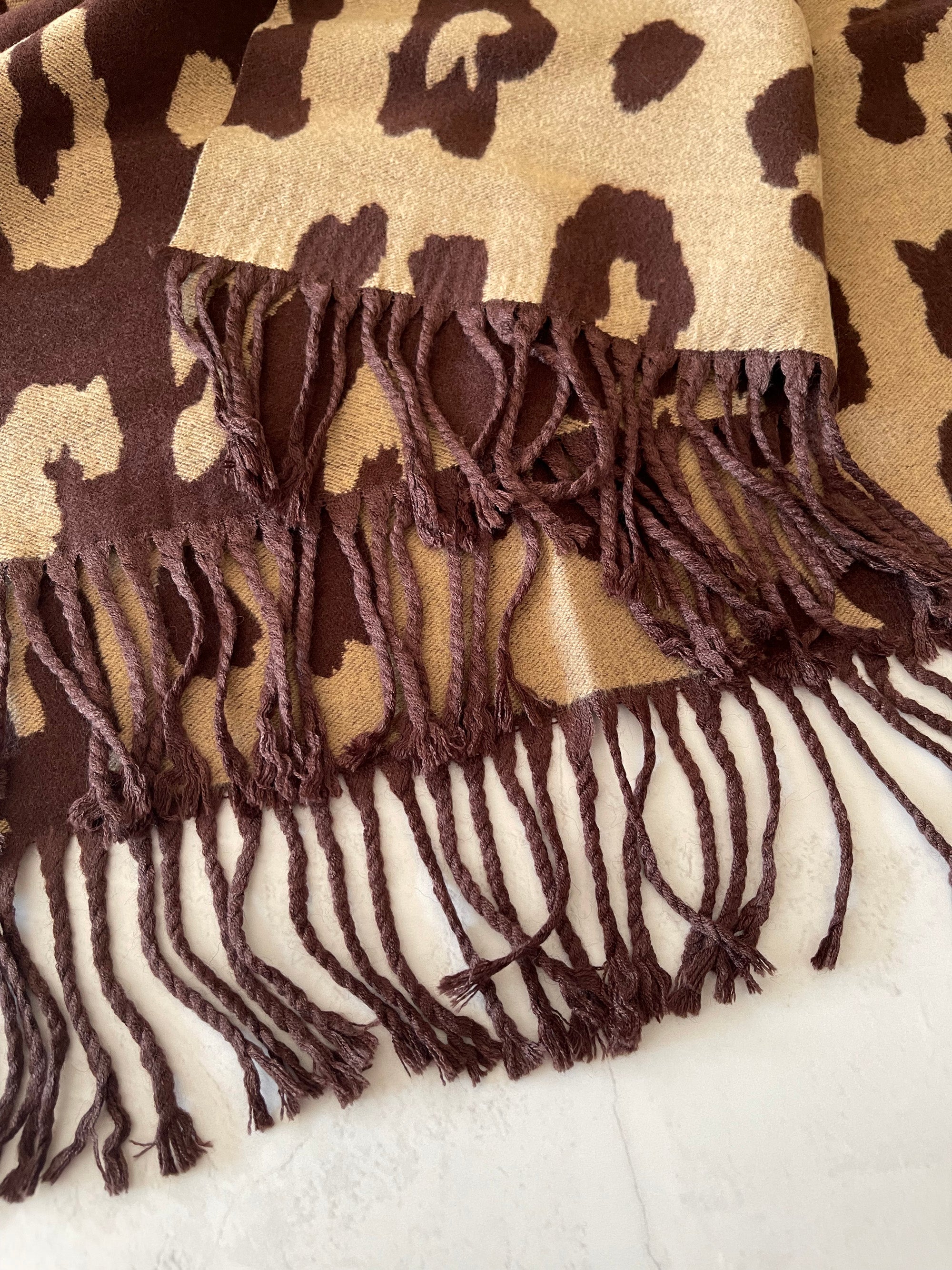 LARGE BROWN CASHMERE LEOPARD PRINT REVERSIBLE WINTER SHAWL BLANKET SCARF
