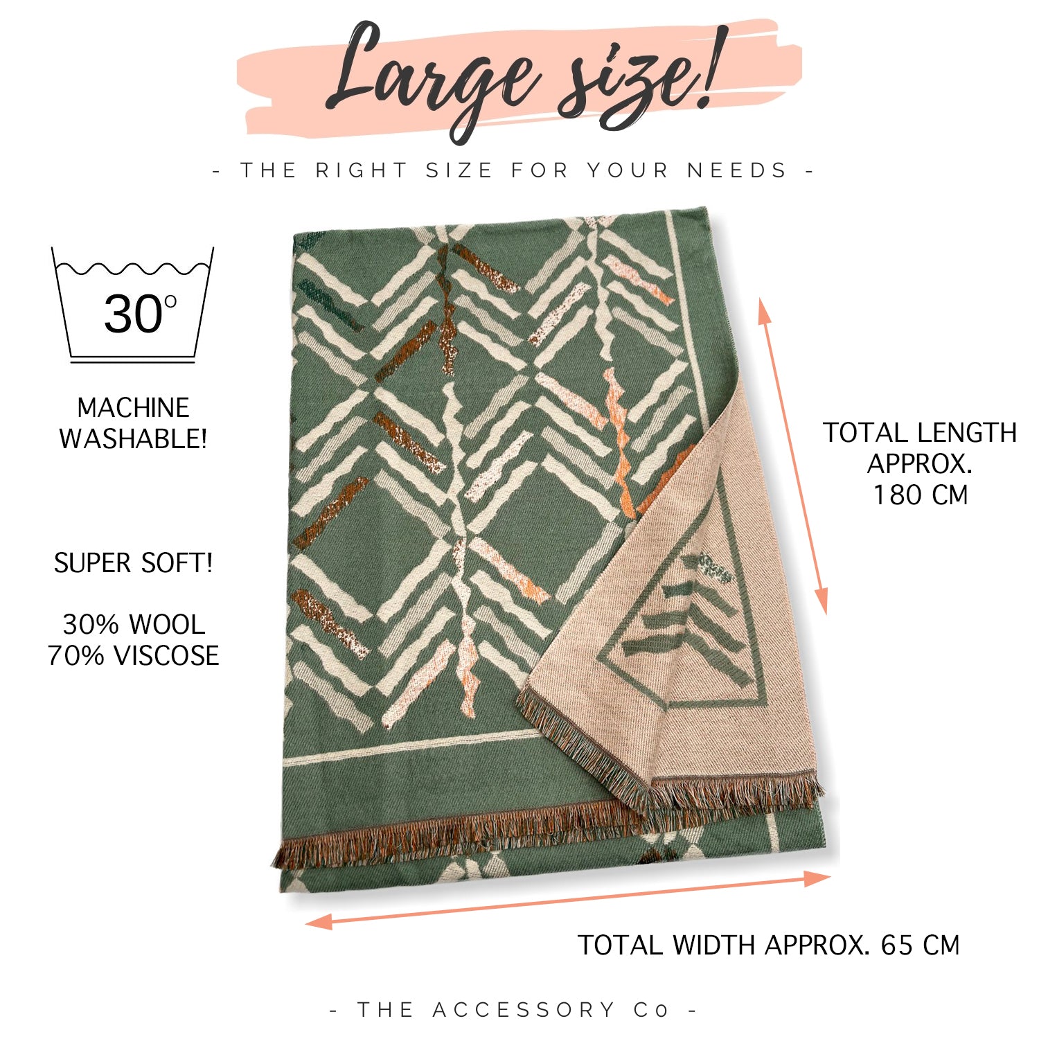 LARGE GREEN RETRO PRINT REVERSIBLE WOOL WINTER SHAWL BLANKET SCARF