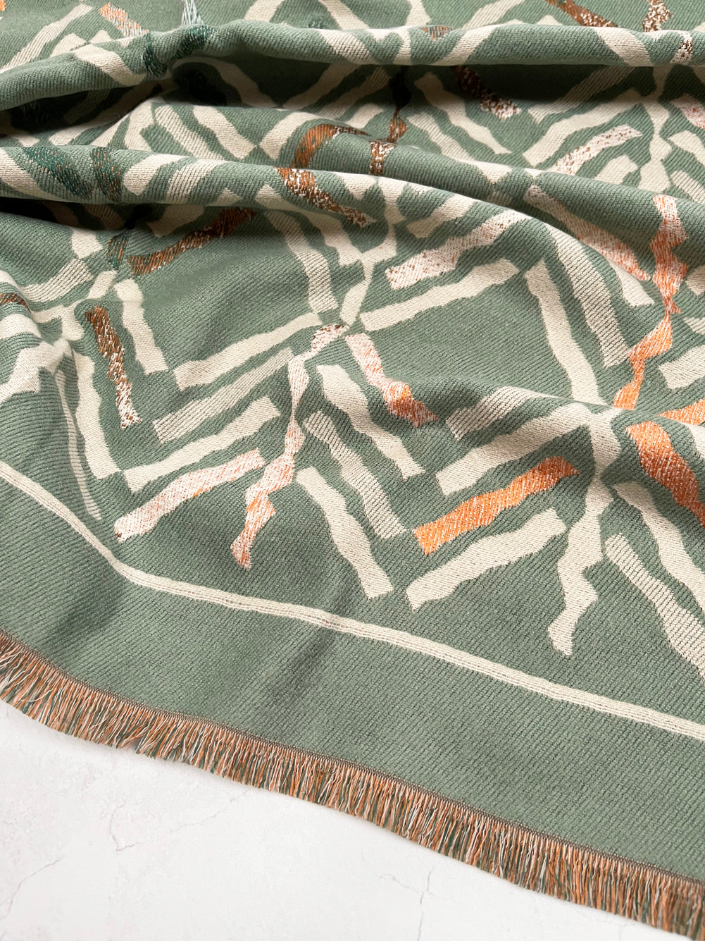 LARGE GREEN RETRO PRINT REVERSIBLE WOOL WINTER SHAWL BLANKET SCARF