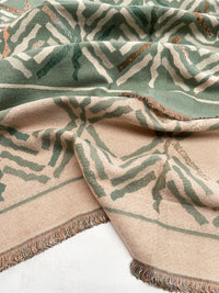 LARGE GREEN RETRO PRINT REVERSIBLE WOOL WINTER SHAWL BLANKET SCARF