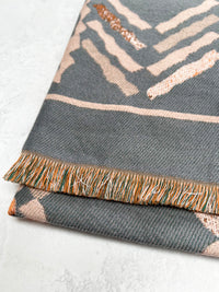 LARGE GREY RETRO PRINT REVERSIBLE WOOL WINTER SHAWL BLANKET SCARF