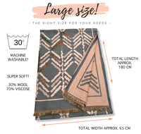 LARGE GREY RETRO PRINT REVERSIBLE WOOL WINTER SHAWL BLANKET SCARF