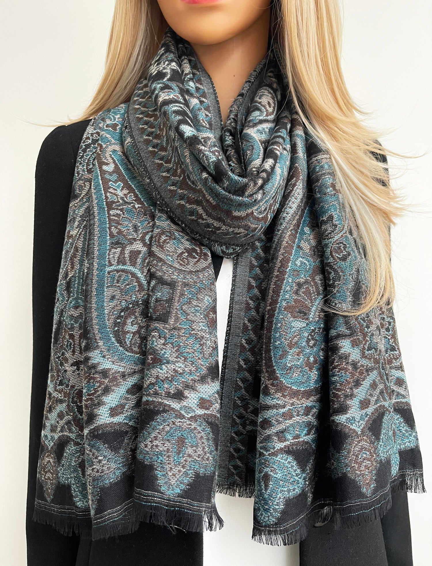 LARGE HAZED BLACK MULTI COLOUR PAISLEY PASHMINA SHAWL SCARF WRAP