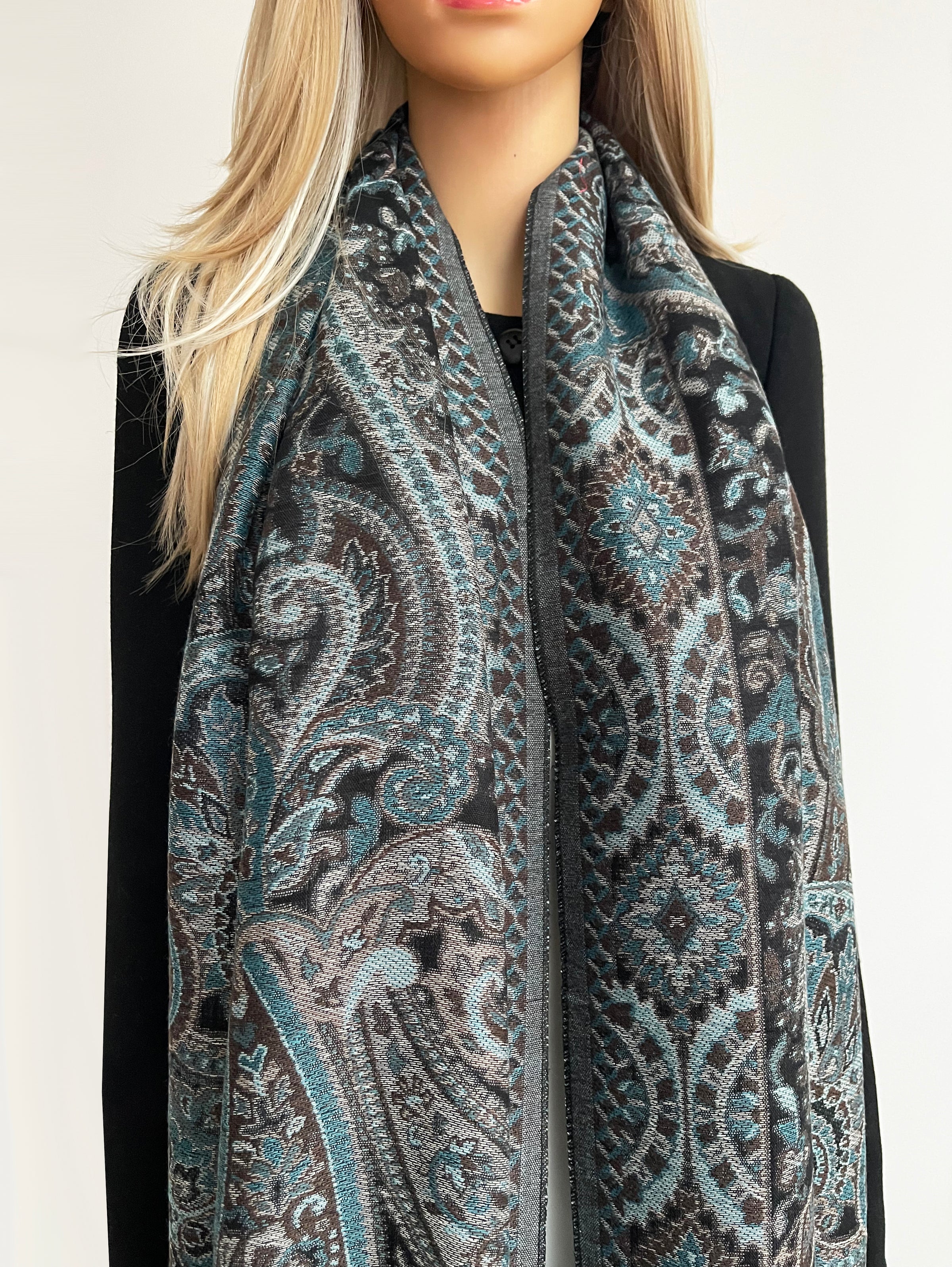 LARGE HAZED BLACK MULTI COLOUR PAISLEY PASHMINA SHAWL SCARF WRAP