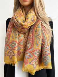 LARGE HAZED YELLOW MULTI COLOUR PAISLEY PASHMINA SHAWL SCARF WRAP