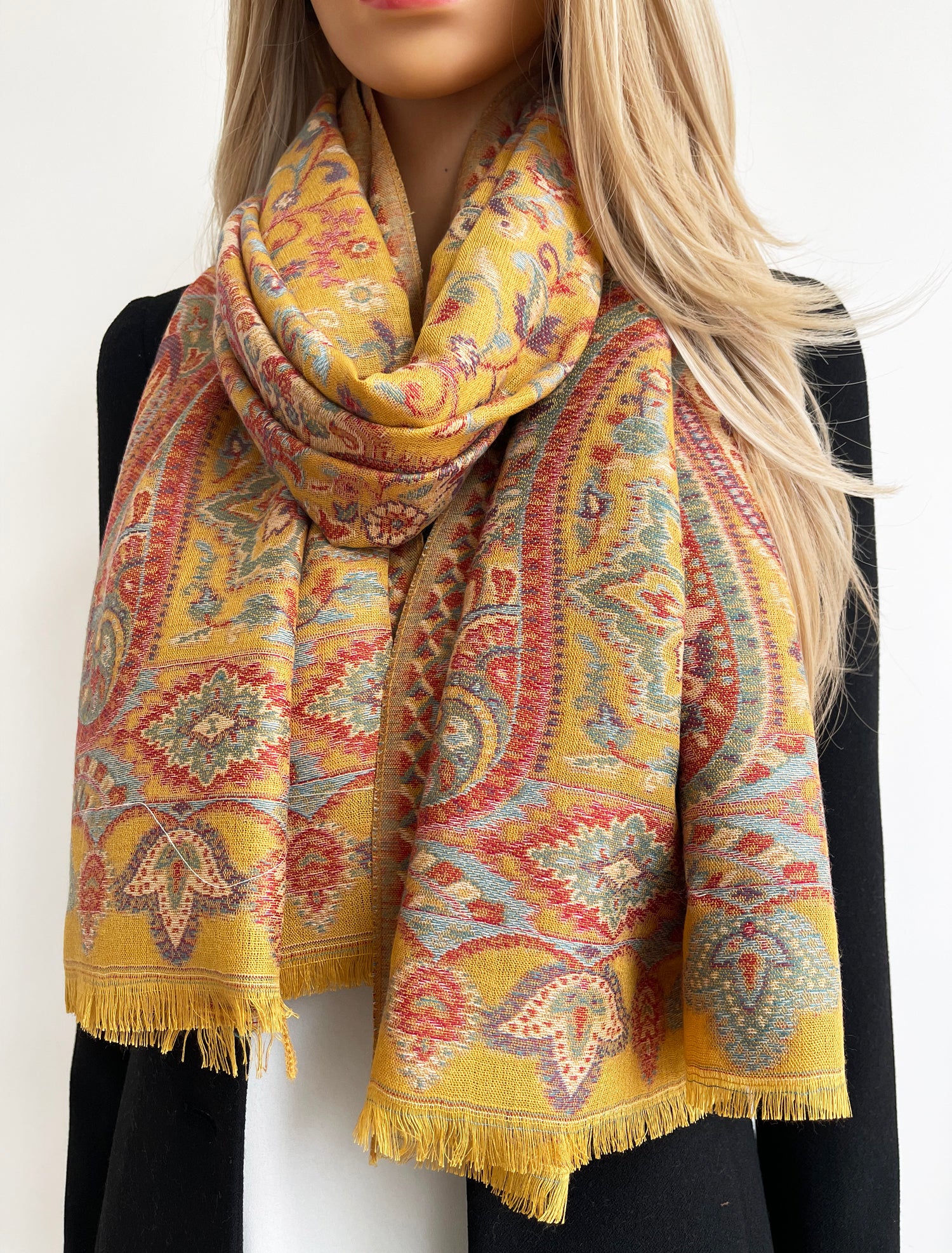 LARGE HAZED YELLOW MULTI COLOUR PAISLEY PASHMINA SHAWL SCARF WRAP