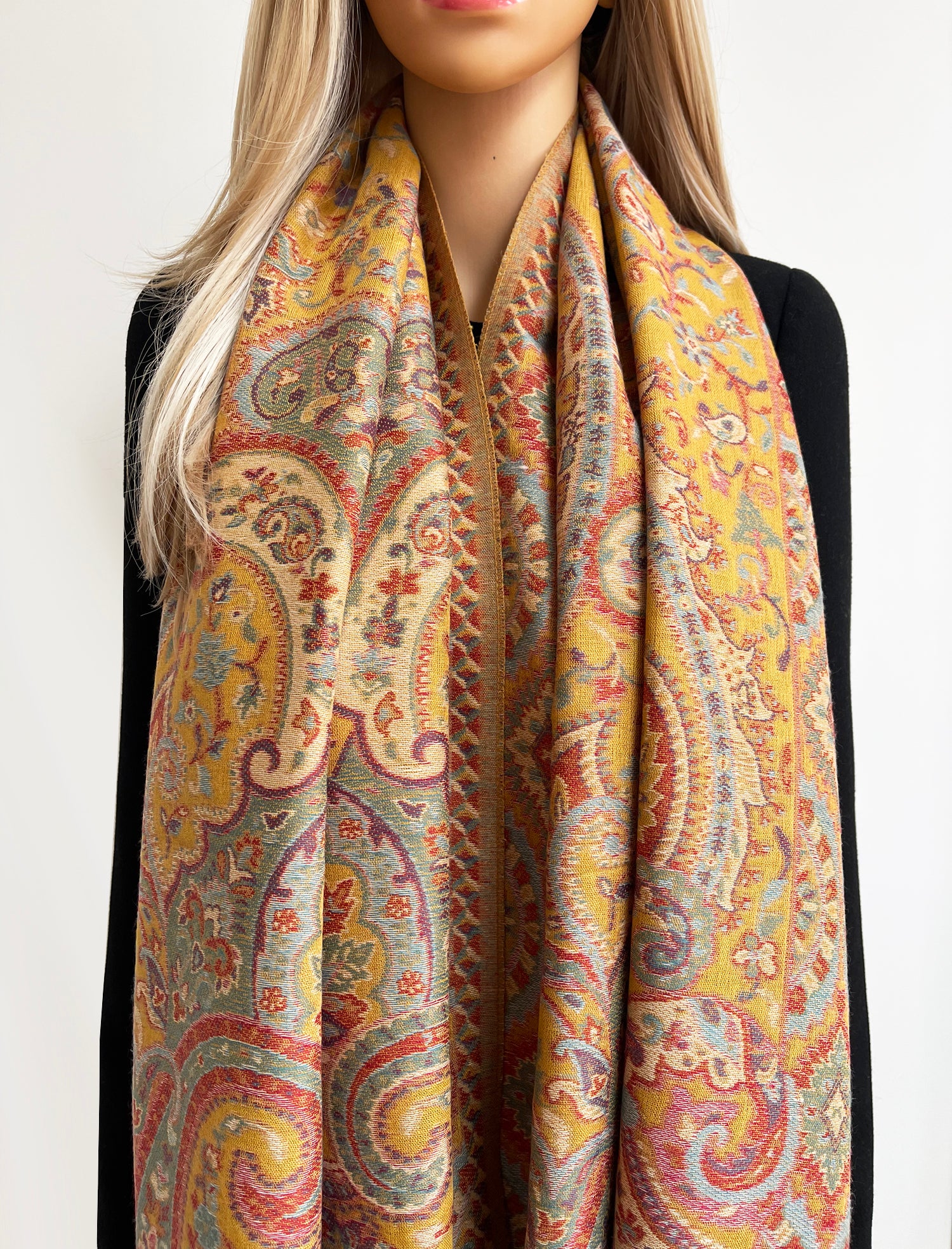 LARGE HAZED YELLOW MULTI COLOUR PAISLEY PASHMINA SHAWL SCARF WRAP