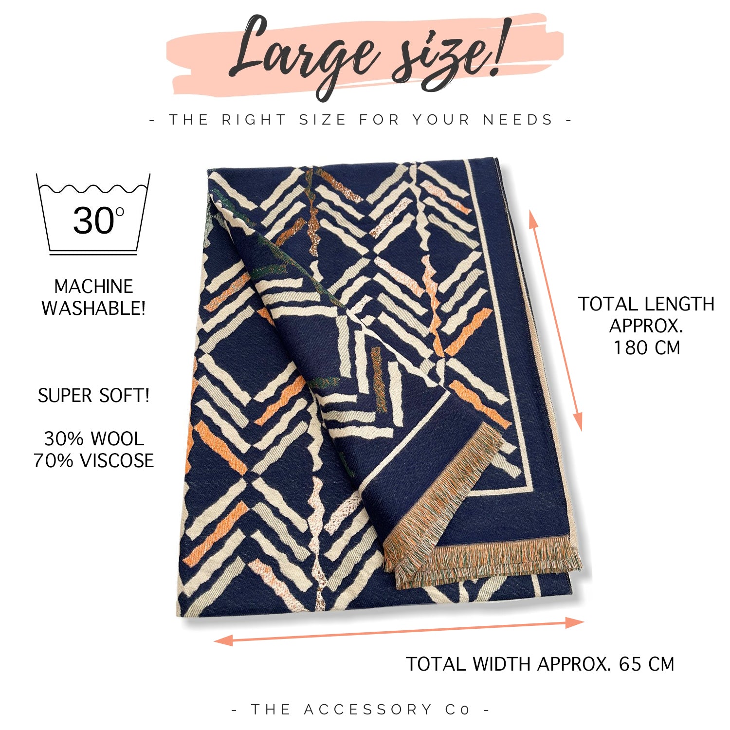 LARGE NAVY BLUE RETRO PRINT REVERSIBLE WOOL WINTER SHAWL BLANKET SCARF