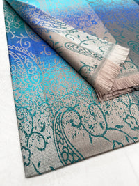 LARGE REVERSIBLE BLUE OMBRE PAISLEY PRINT PASHMINA SHAWL SCARF WRAP