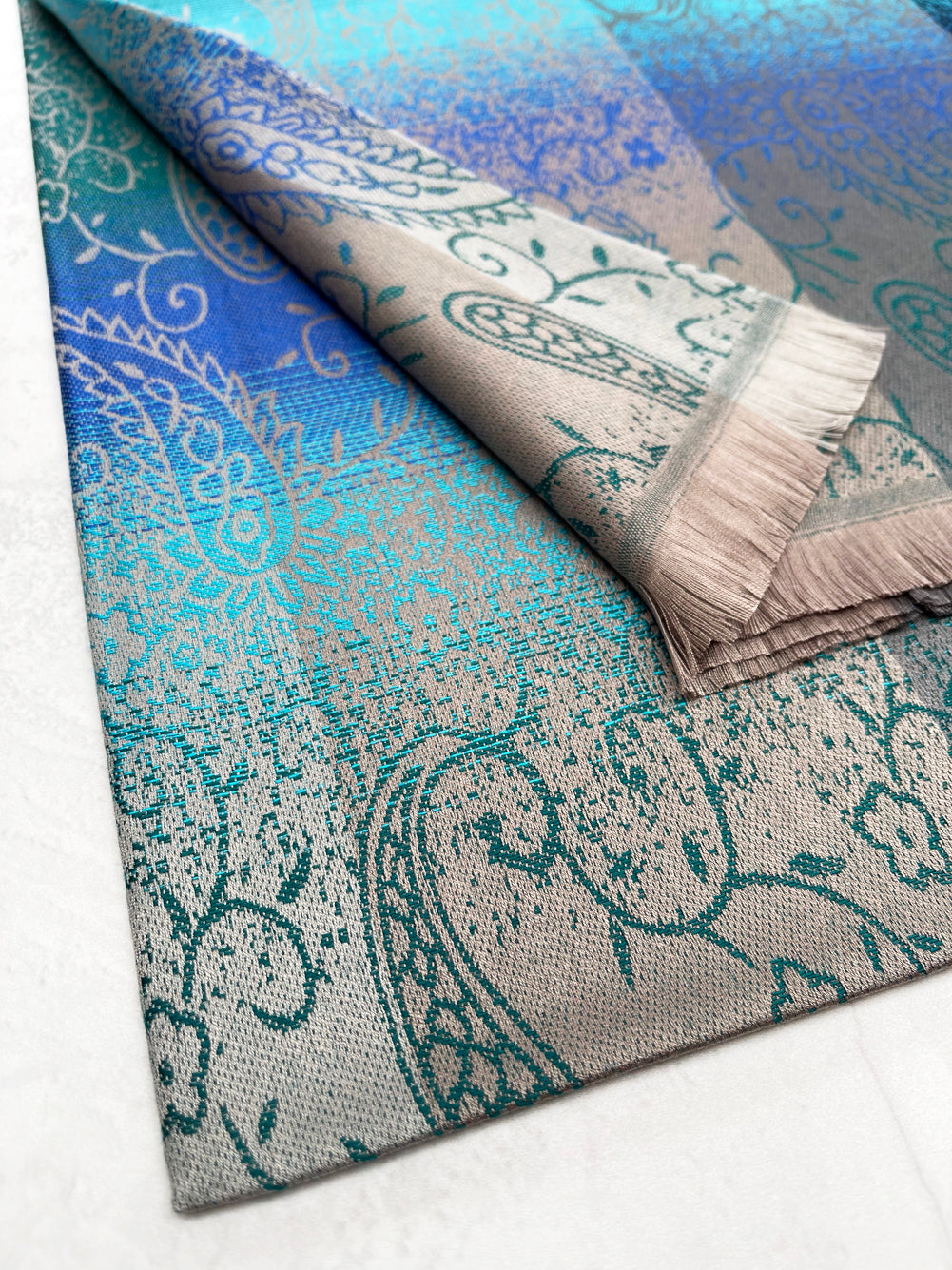 LARGE REVERSIBLE BLUE OMBRE PAISLEY PRINT PASHMINA SHAWL SCARF WRAP