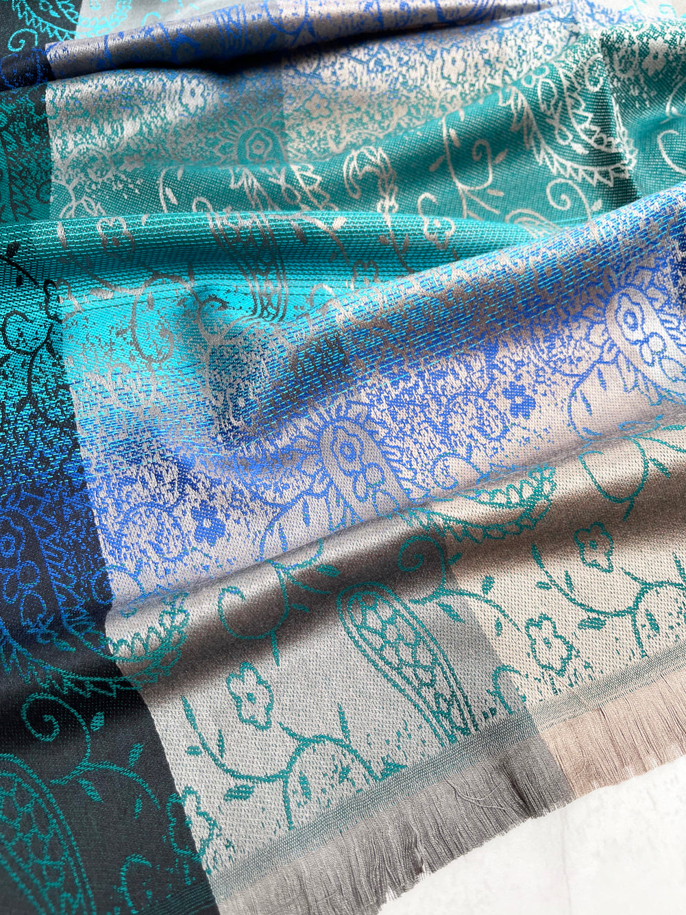LARGE REVERSIBLE BLUE OMBRE PAISLEY PRINT PASHMINA SHAWL SCARF WRAP