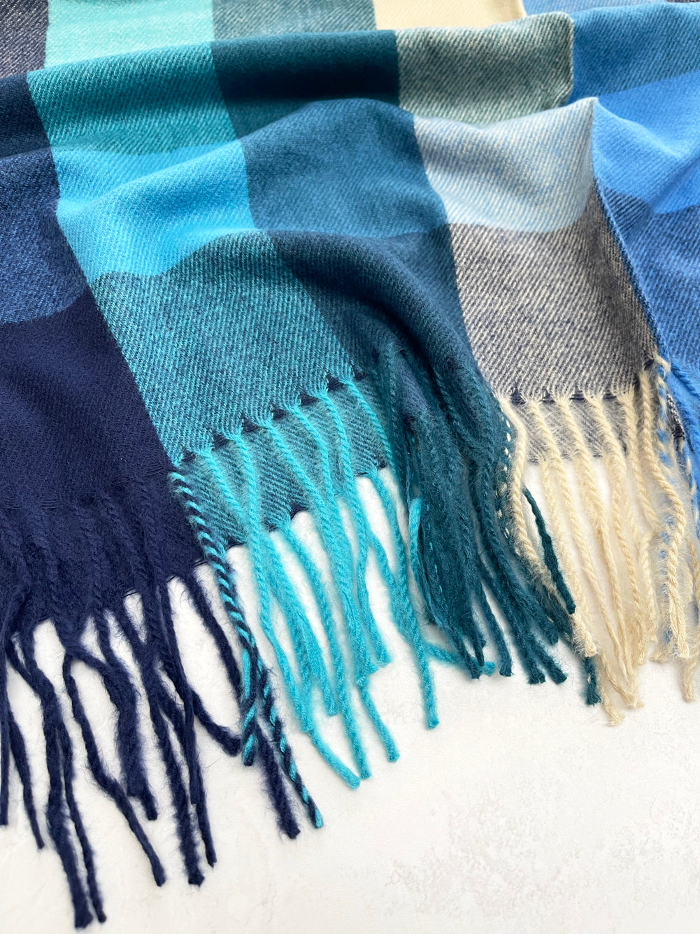 LONG BLUE WOOL MIX CHECKED TARTAN SCARF