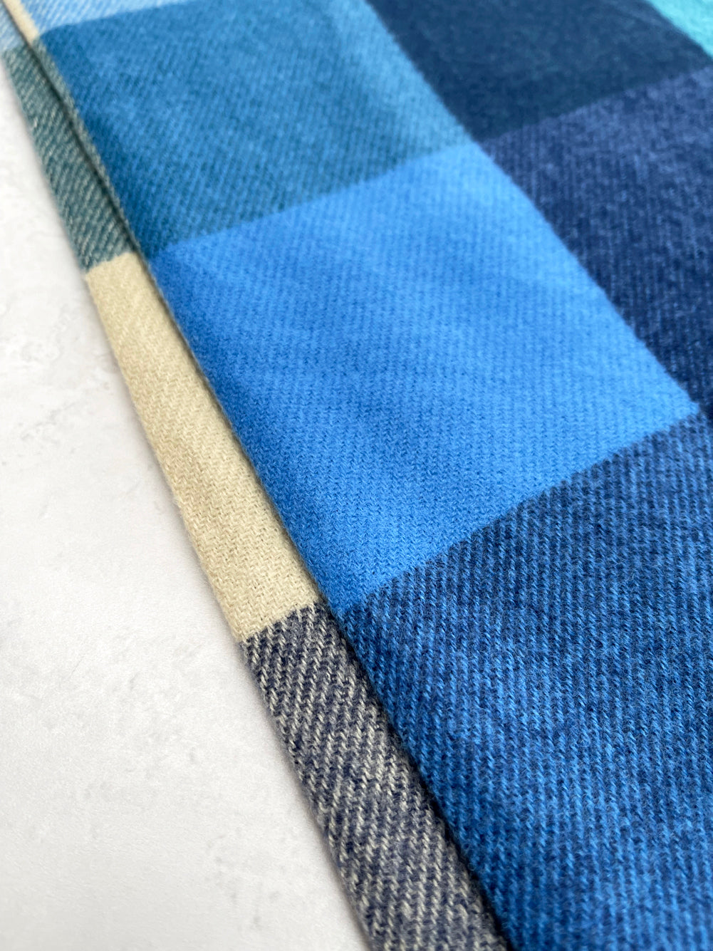LONG BLUE WOOL MIX CHECKED TARTAN SCARF