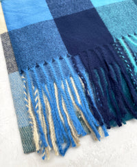 LONG BLUE WOOL MIX CHECKED TARTAN SCARF