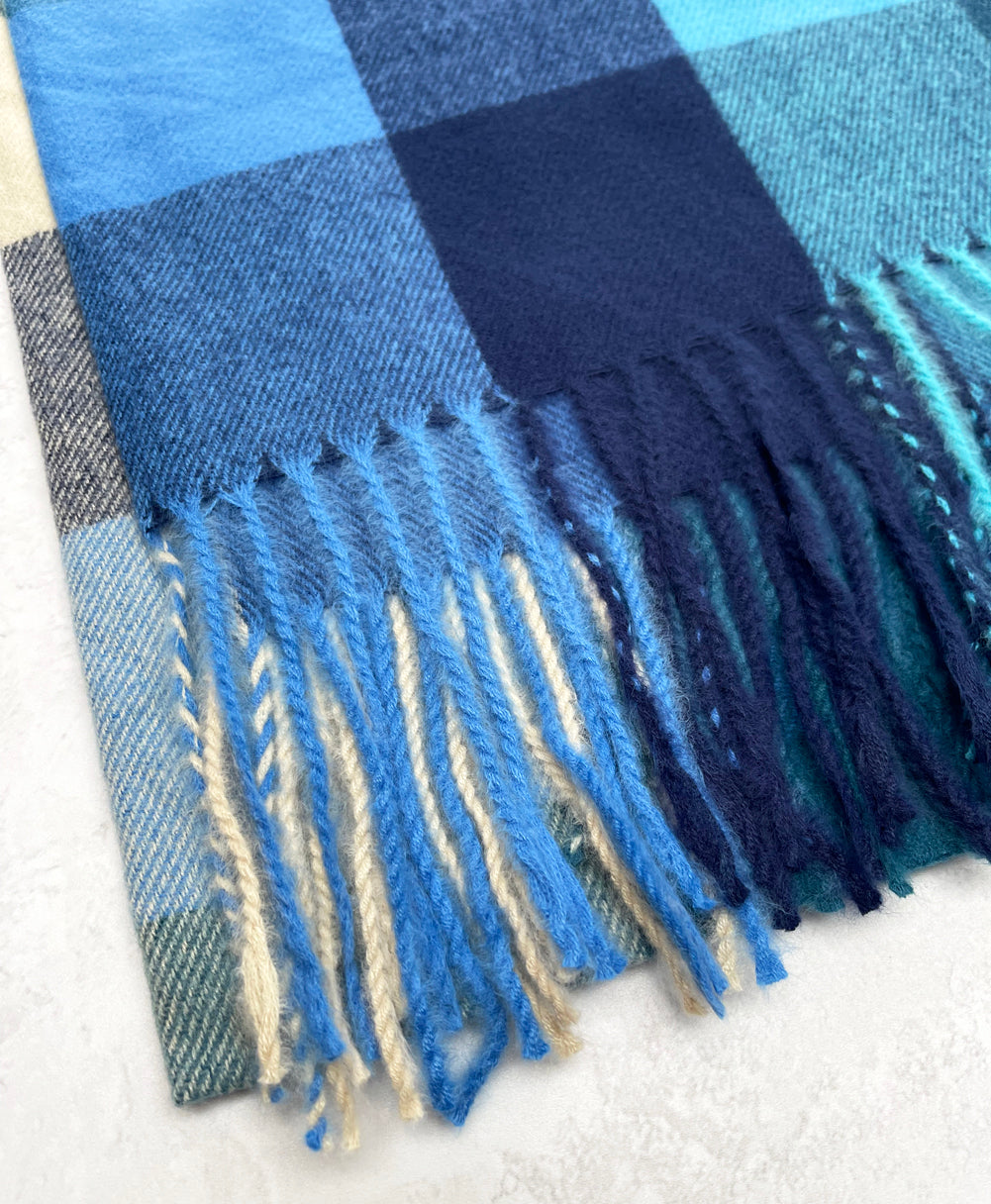 LONG BLUE WOOL MIX CHECKED TARTAN SCARF