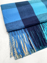 LONG BLUE WOOL MIX CHECKED TARTAN SCARF