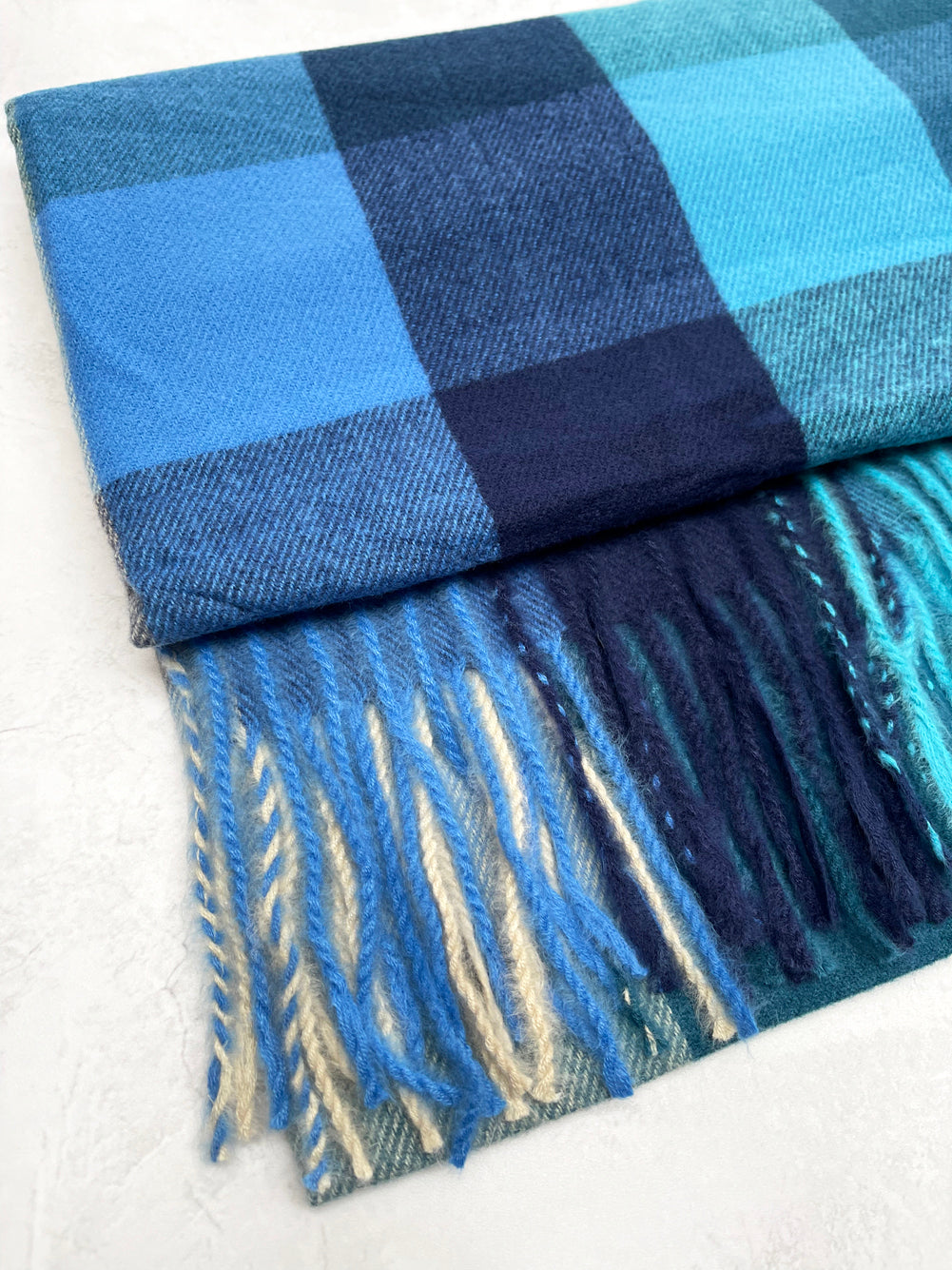 LONG BLUE WOOL MIX CHECKED TARTAN SCARF
