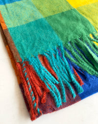 LONG BLUE YELLOW WOOL MIX CHECKED TARTAN SCARF