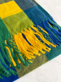 LONG BLUE YELLOW WOOL MIX CHECKED TARTAN SCARF