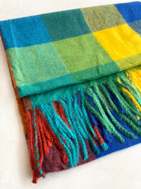 LONG BLUE YELLOW WOOL MIX CHECKED TARTAN SCARF