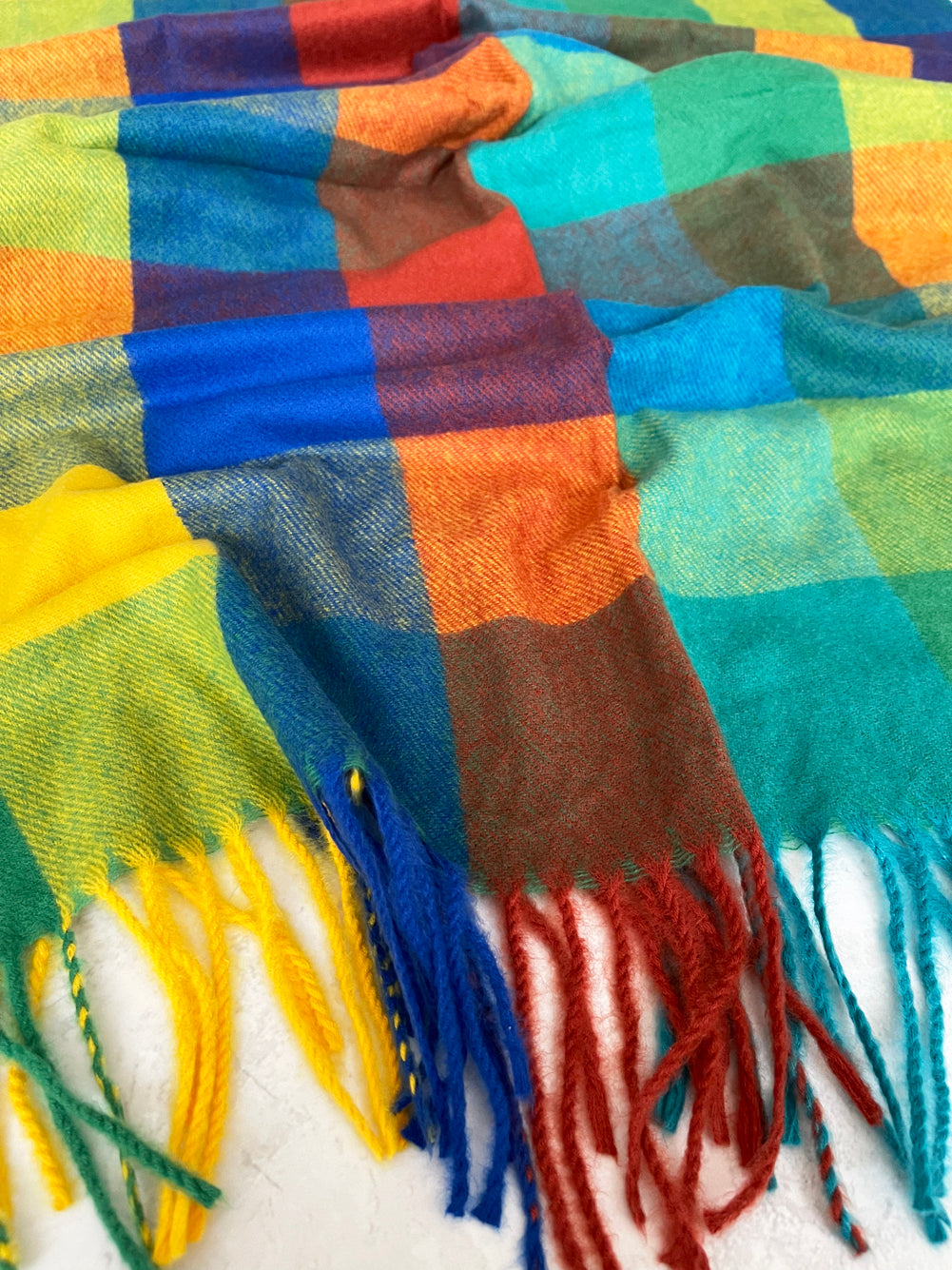 LONG BLUE YELLOW WOOL MIX CHECKED TARTAN SCARF