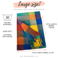 LONG BLUE YELLOW WOOL MIX CHECKED TARTAN SCARF