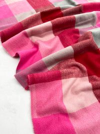 LONG FUCHSIA PINK WOOL MIX CHECKED TARTAN SCARF