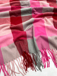 LONG FUCHSIA PINK WOOL MIX CHECKED TARTAN SCARF