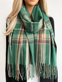LONG GREEN WOOL MIX CHECKED TARTAN SCARF