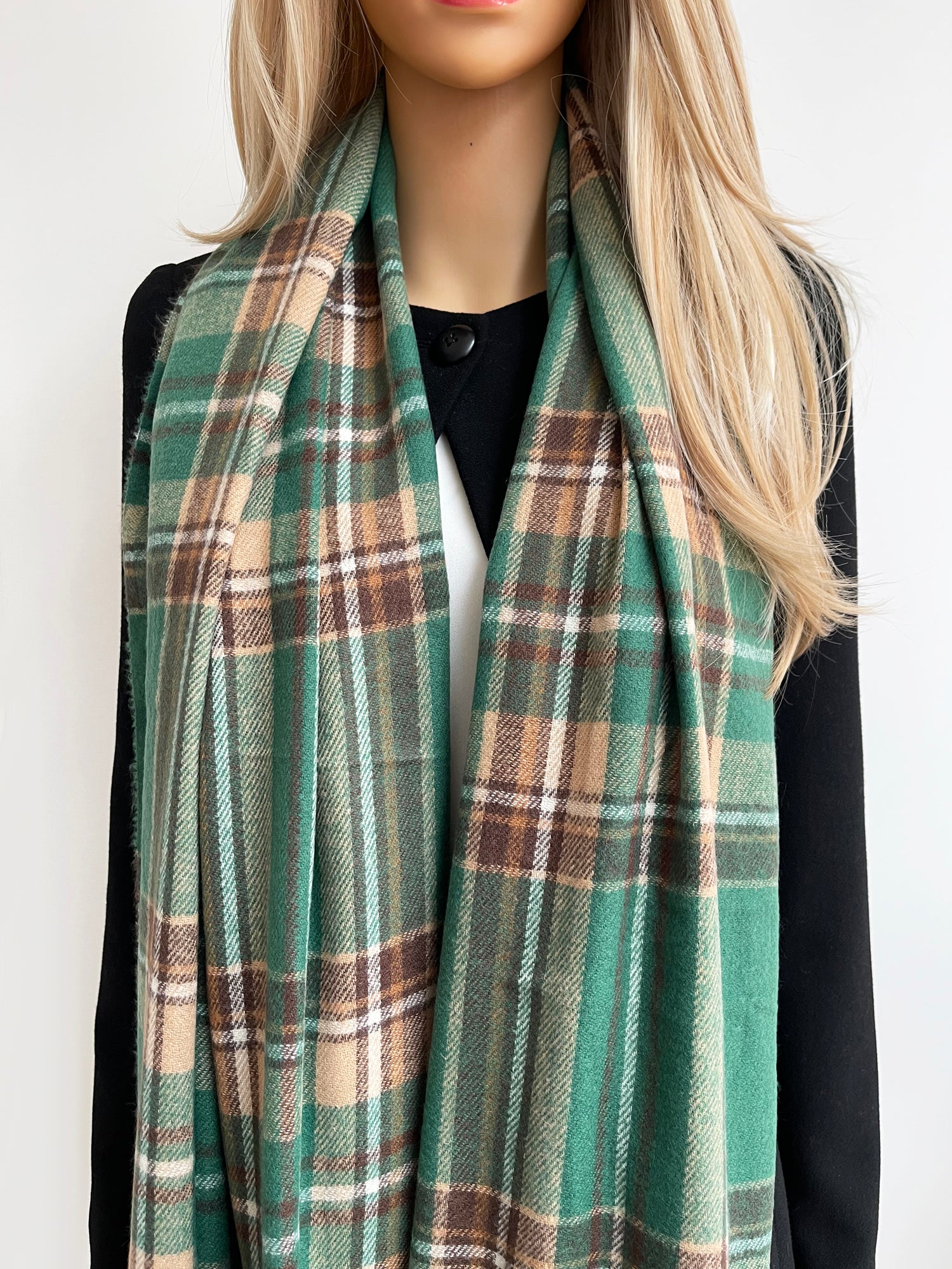 LONG GREEN WOOL MIX CHECKED TARTAN SCARF