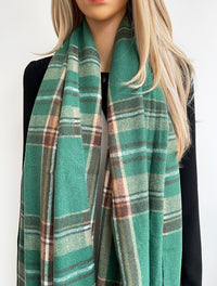 LONG GREEN WOOL MIX CHECKED TARTAN SCARF