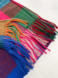 LONG MULTI COLOURED WOOL MIX CHECKED TARTAN SCARF