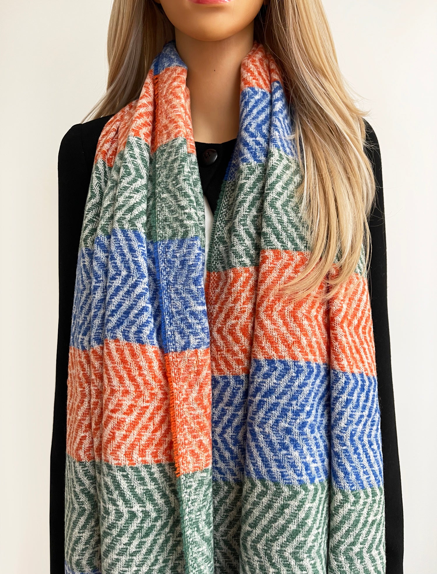 LONG ORANGE BLUE WOOL BLEND STRIPED SCARF