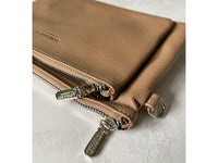 MULTI-POCKET CROSS BODY MESSENGER PURSE BAG WITH WRISTLET STRAP - TAUPE