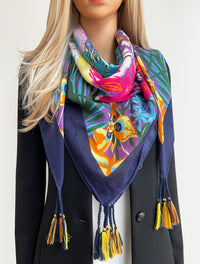 NAVY BLUE GARDEN FLORAL PRINT SQUARE TASSEL SCARF