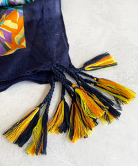 NAVY BLUE GARDEN FLORAL PRINT SQUARE TASSEL SCARF