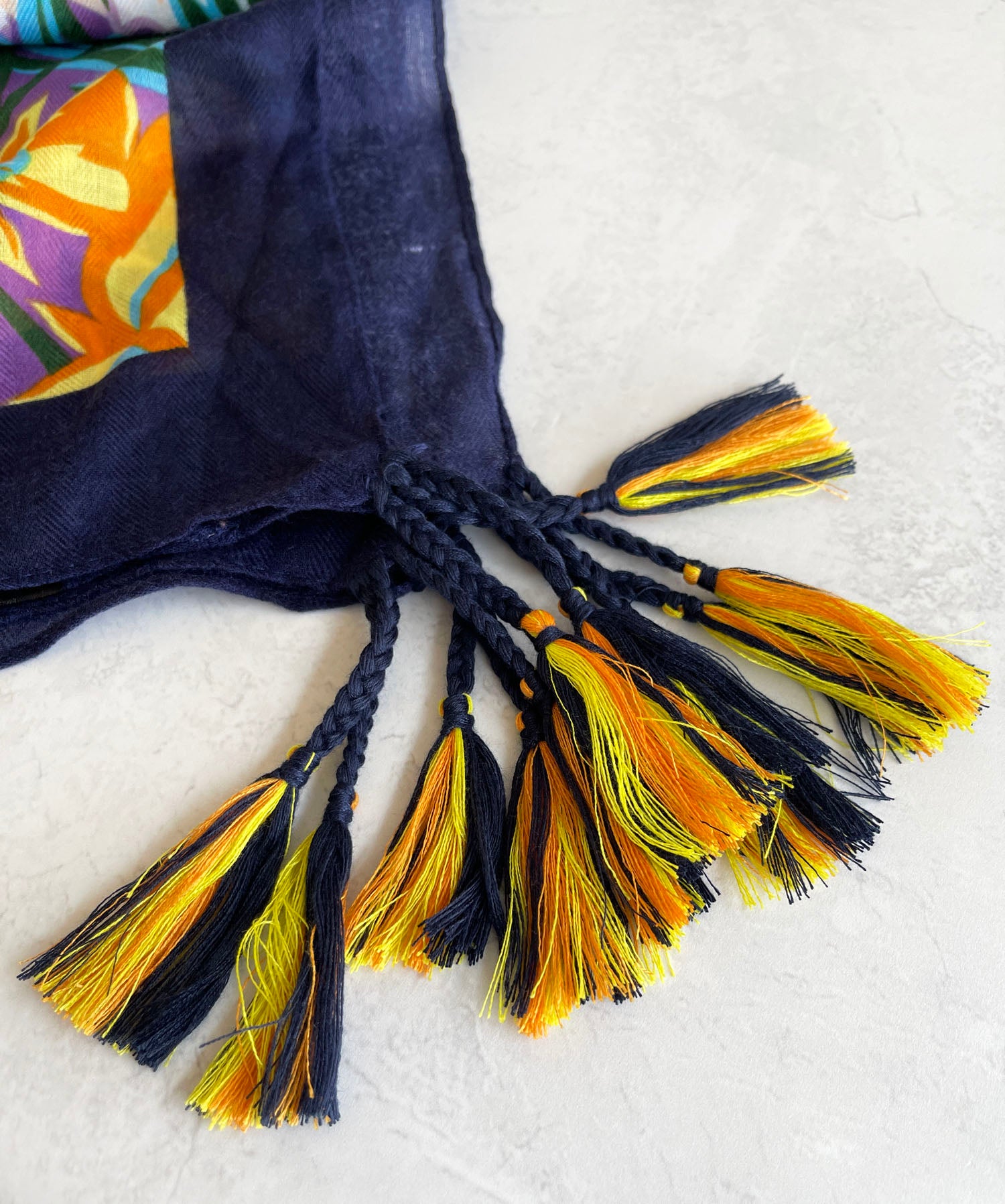 NAVY BLUE GARDEN FLORAL PRINT SQUARE TASSEL SCARF