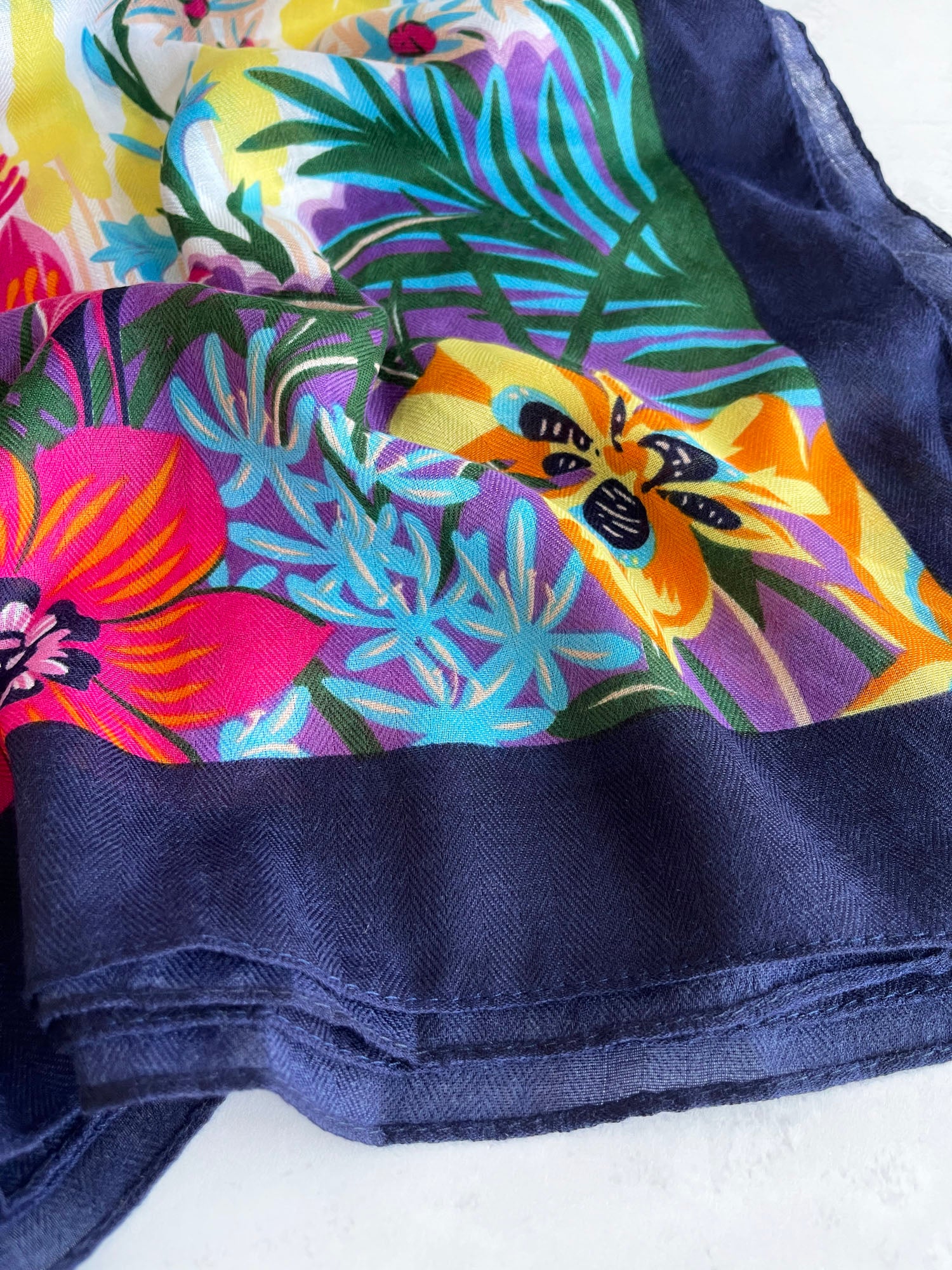 NAVY BLUE GARDEN FLORAL PRINT SQUARE TASSEL SCARF