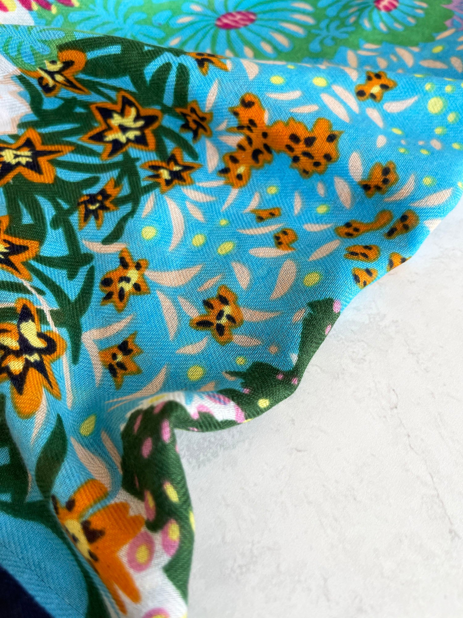 NAVY BLUE GARDEN FLORAL PRINT SQUARE TASSEL SCARF