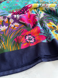 NAVY BLUE GARDEN FLORAL PRINT SQUARE TASSEL SCARF
