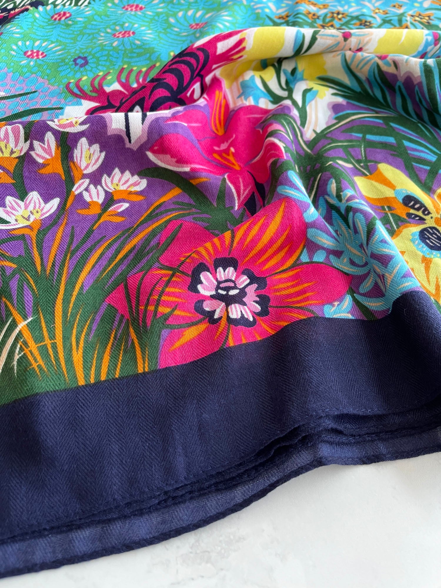 NAVY BLUE GARDEN FLORAL PRINT SQUARE TASSEL SCARF