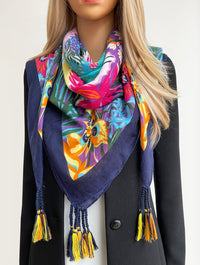 NAVY BLUE GARDEN FLORAL PRINT SQUARE TASSEL SCARF