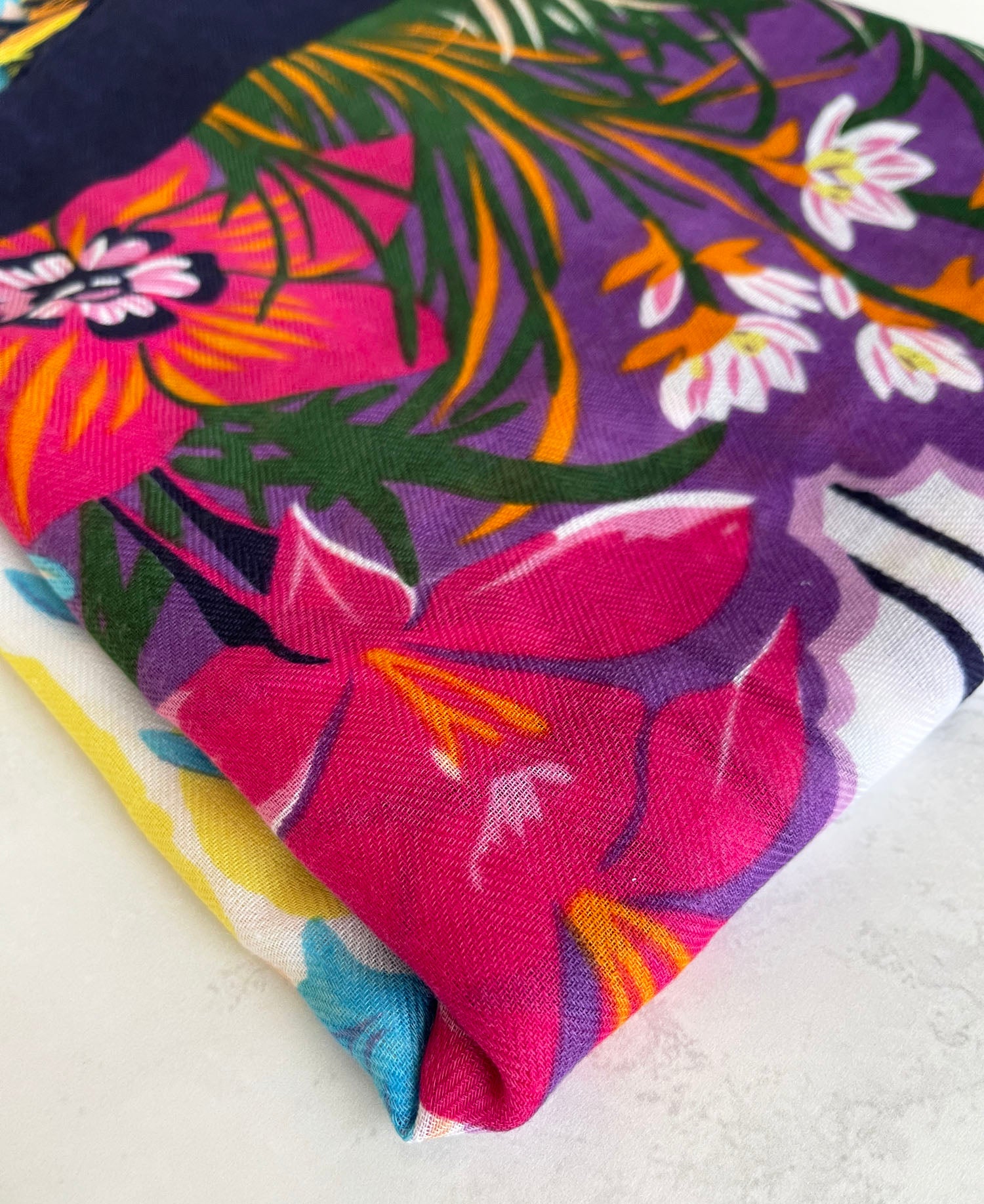 NAVY BLUE GARDEN FLORAL PRINT SQUARE TASSEL SCARF